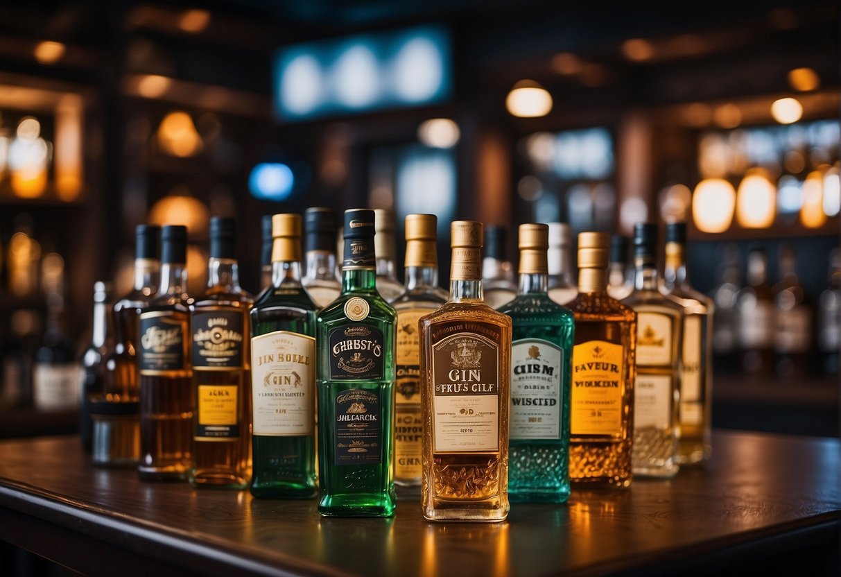 A crowded bar with prominent signage for discounted gin, rum, and whisky promotions in Singapore