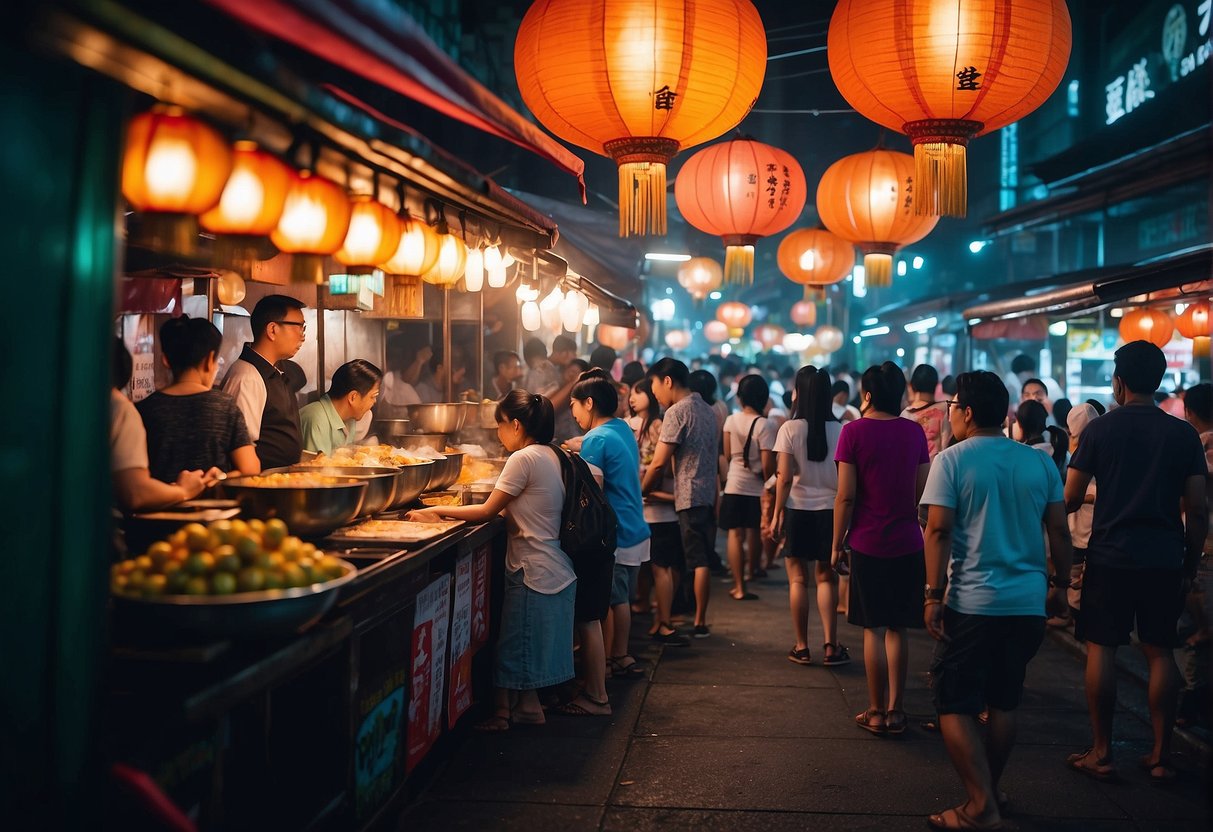 Colorful yatai stalls line the bustling streets of Singapore, advertising upcoming deals and events with vibrant banners and signs