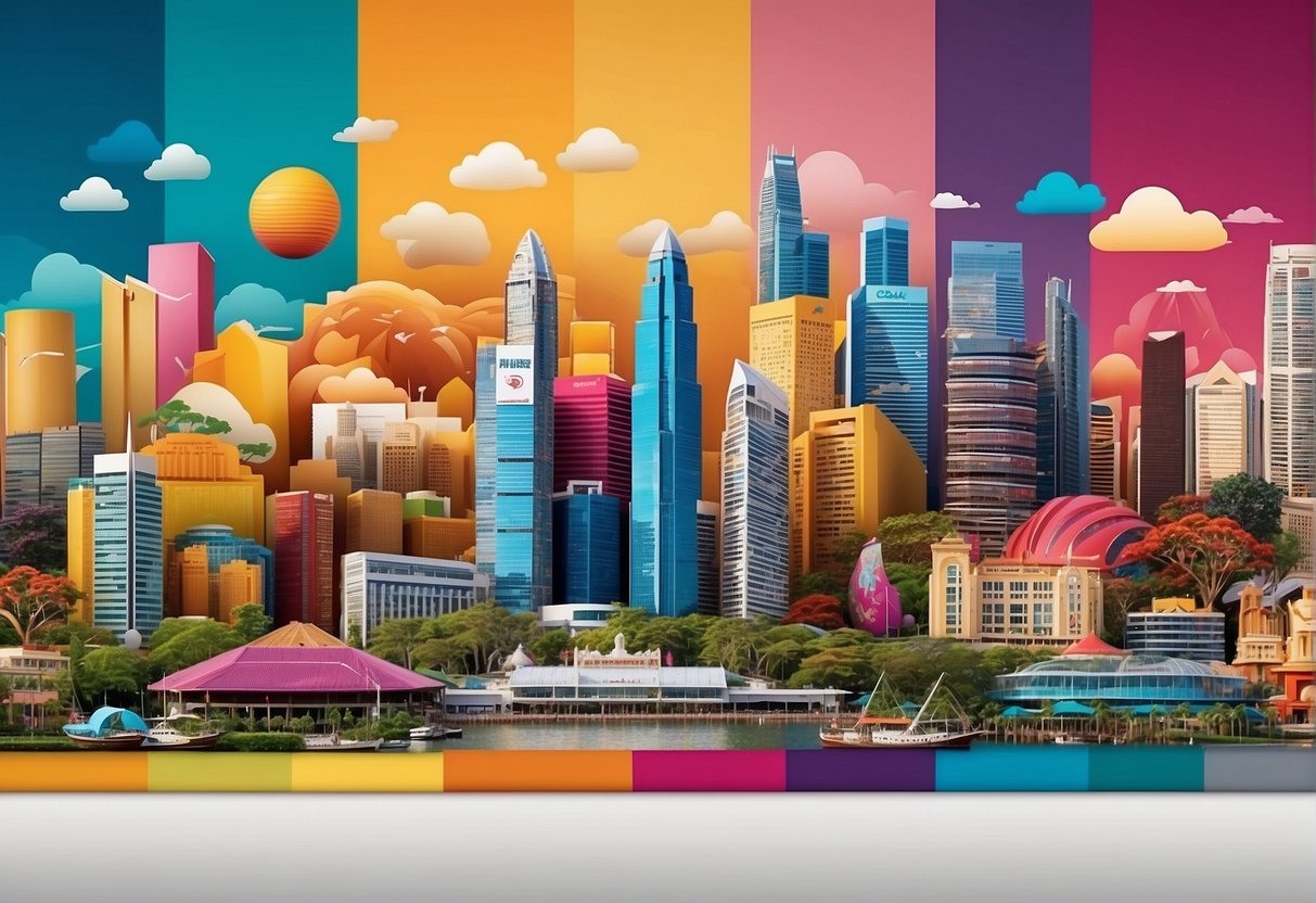 A colorful collage of frequently asked questions and promotional images related to Singapore, arranged in a dynamic and eye-catching wallpaper pattern