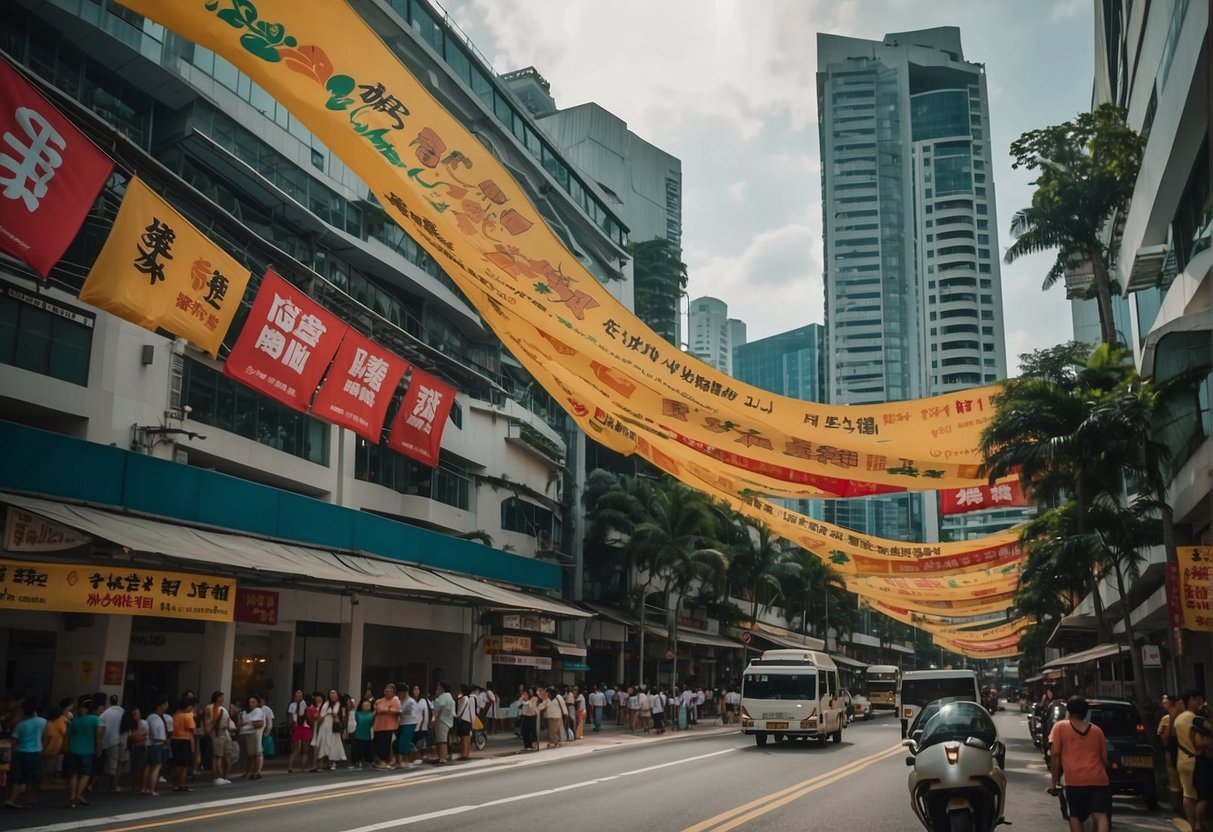 A bustling city street in Singapore, with colorful banners and signs for "Fayth Promotions" adorning the buildings. The scene is filled with energy and excitement