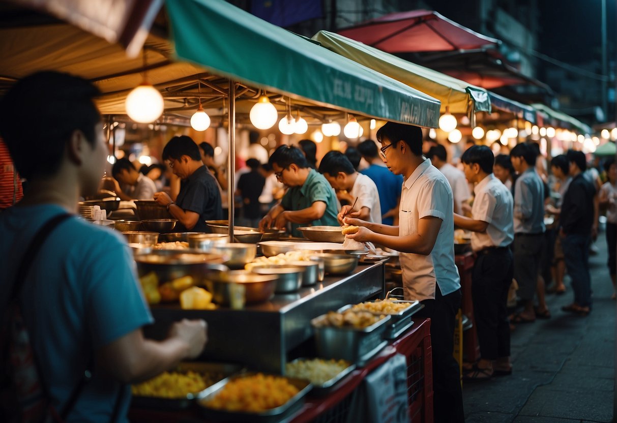 A bustling night market with colorful yatai stalls promoting Singaporean cuisine, surrounded by eager crowds