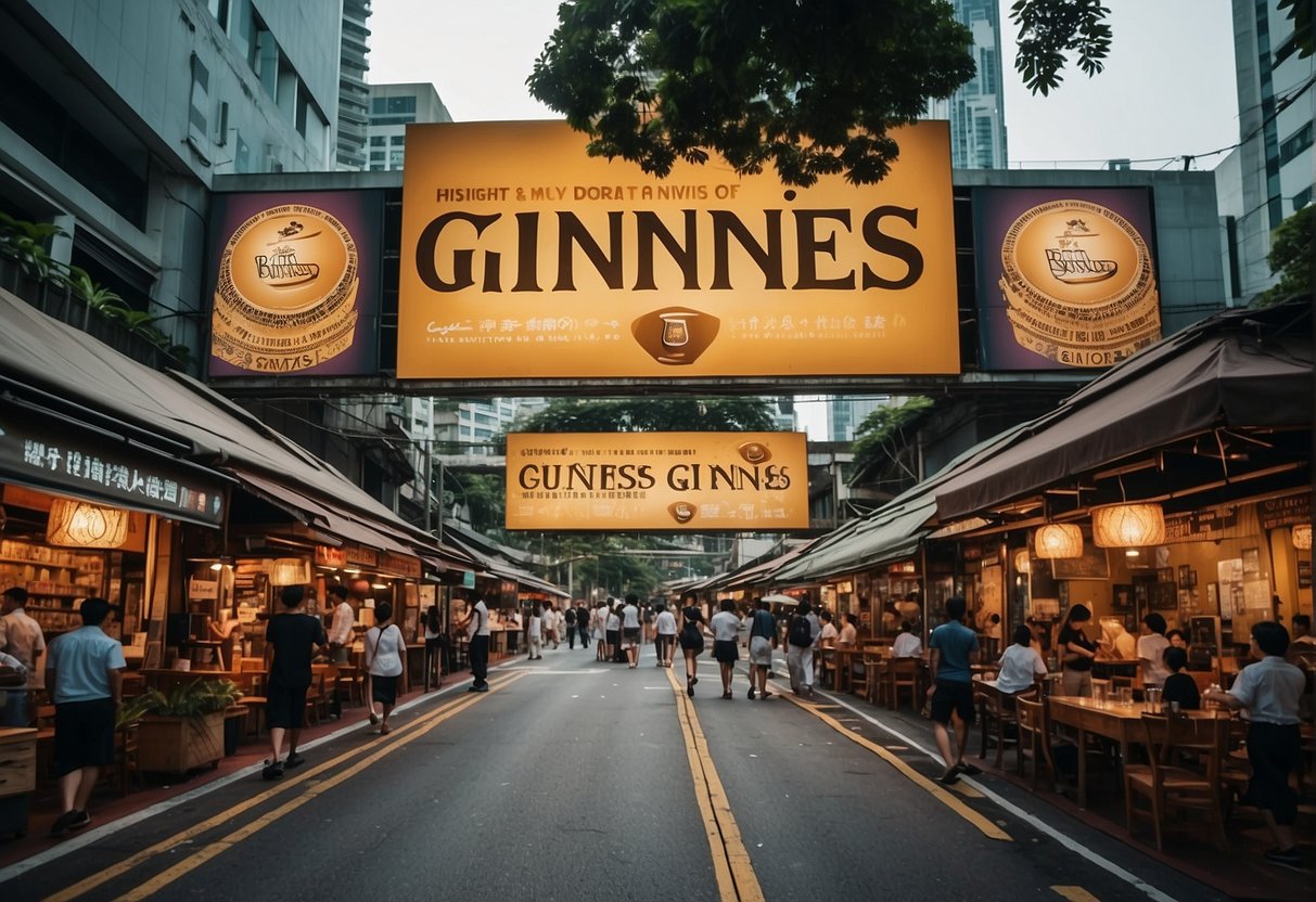 A bustling Singapore street with vibrant Guinness promotions, including banners, signs, and promotional displays