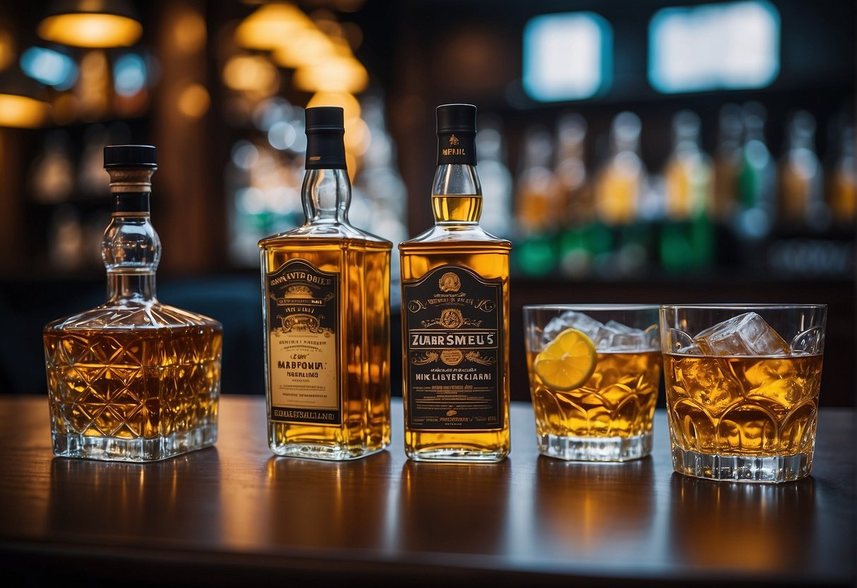 A table with various whisky bottles and promotional materials displayed in a vibrant Singaporean bar setting