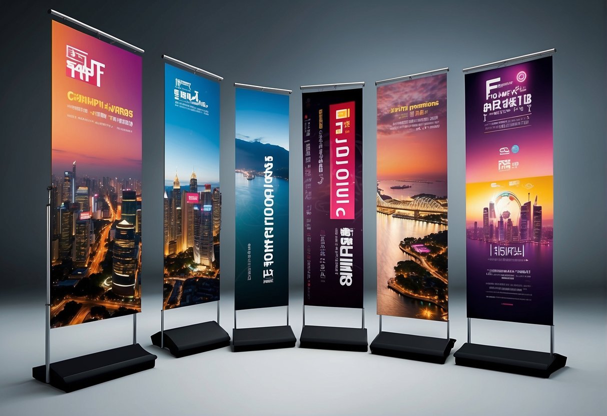 A colorful display of promotional banners and signs, with the company name "fayth promotions singapore" prominently featured
