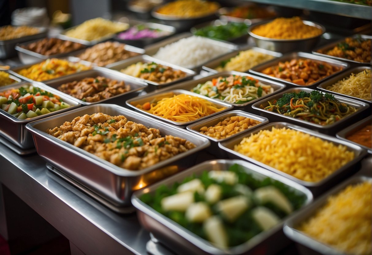 A colorful array of halal dishes displayed on a buffet table, with vibrant signage promoting the variety of options available in Singapore