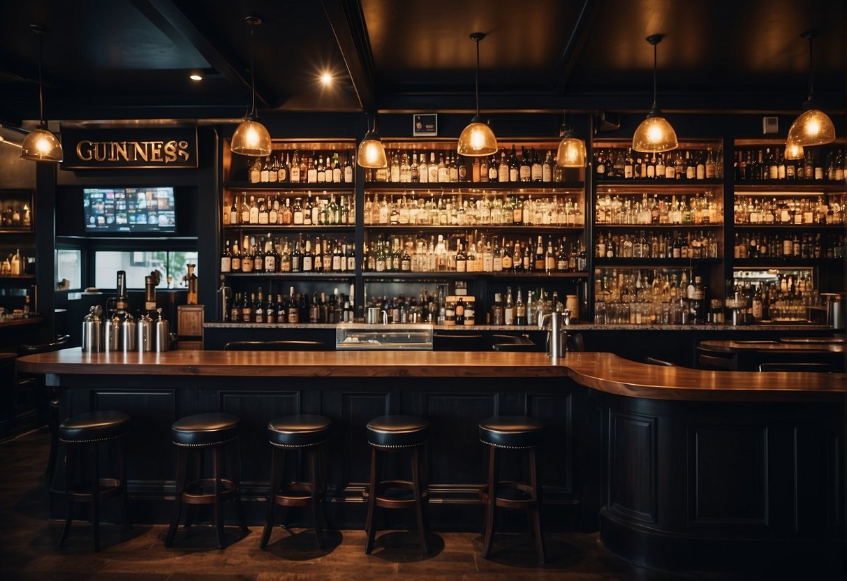 A bustling bar with Guinness banners, beer taps, and promotional materials in Singapore