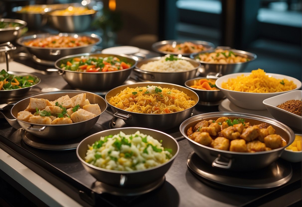 A lavish halal-certified buffet spread with vibrant dishes and elegant decor, showcasing exclusive promotions in a bustling Singapore setting