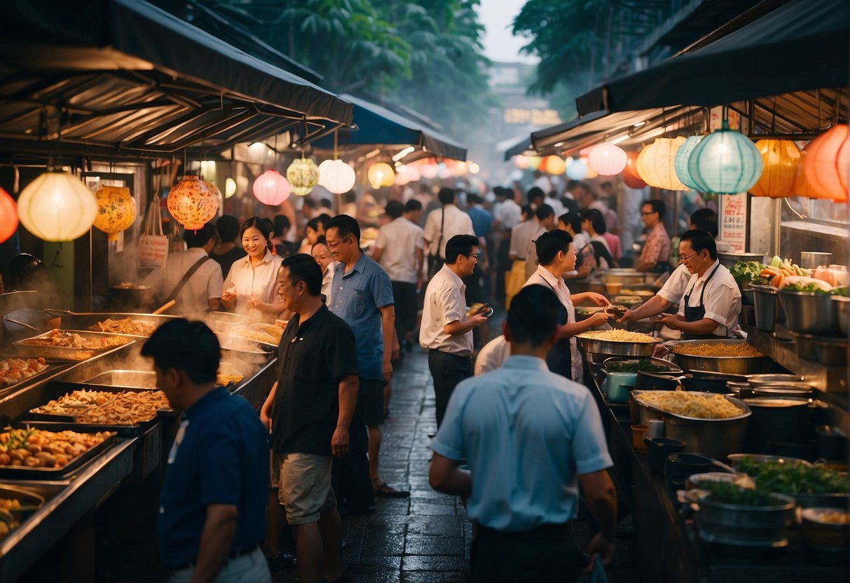 A bustling street market with colorful food stalls, chefs cooking up traditional dishes, and people enjoying Guinness promotions in Singapore