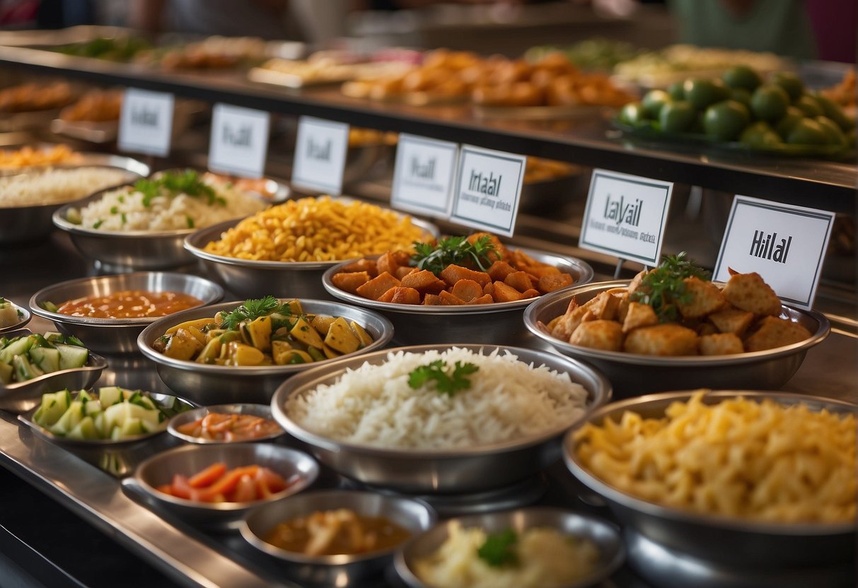 A colorful array of halal lunch dishes displayed on a buffet table at a top Singapore eatery, with vibrant signage promoting the scrumptious specials