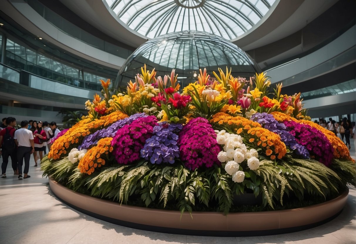 Vibrant flower displays fill the spacious dome, attracting visitors with colorful promotions in Singapore