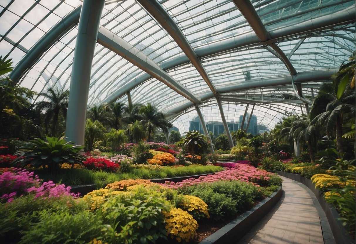Lush greenery and vibrant blooms fill the Flower Dome at Gardens by the Bay, with colorful banners advertising current promotions in Singapore