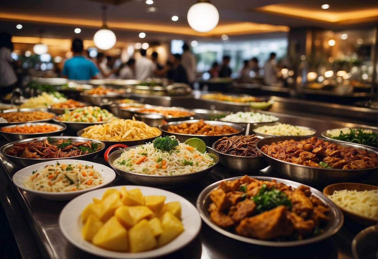 A bustling halal buffet restaurant in Singapore, with colorful banners promoting special promotions. Tables are filled with delicious dishes and customers enjoying their meals
