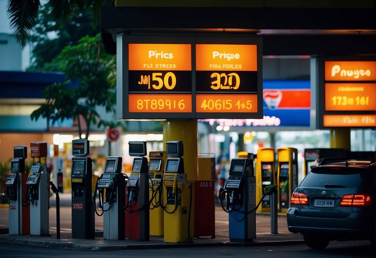 A crowd gathers around a display of discounted fuel prices at a gas station in Singapore. Brightly colored promotional signs catch the attention of passing motorists