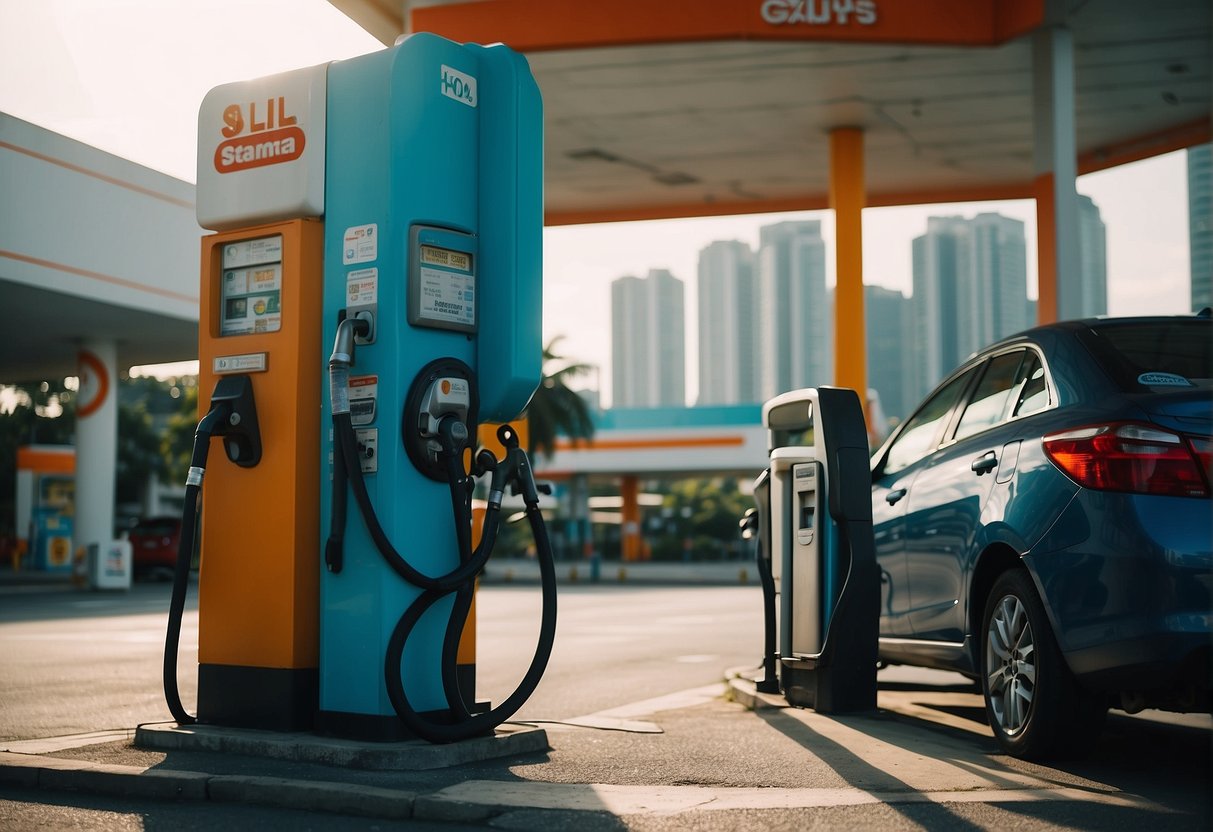 A vibrant gas station with bold signage and cars refueling under the bright Singapore sun