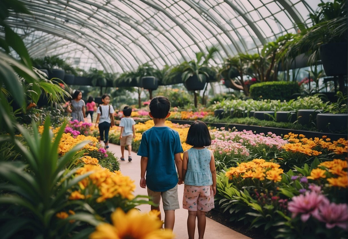 Families and children explore a vibrant flower dome, enjoying exclusive events and promotions in Singapore