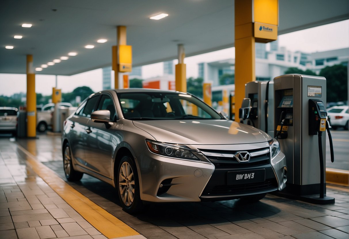 A car at a gas station, with a credit card being swiped at the pump, showcasing fuel promotions in Singapore