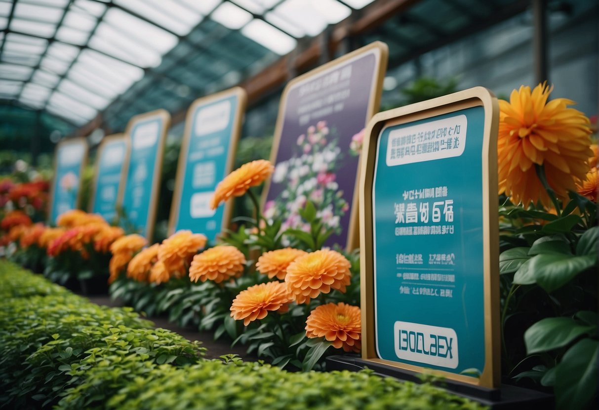 Vibrant flower dome with promotional signs in Singapore