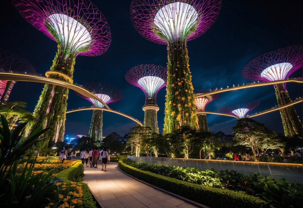 Vibrant flowers and lush greenery fill the gardens, with colorful lights illuminating the towering supertrees. A promotional banner hangs near the entrance, showcasing the various attractions and events at Gardens by the Bay in Singapore