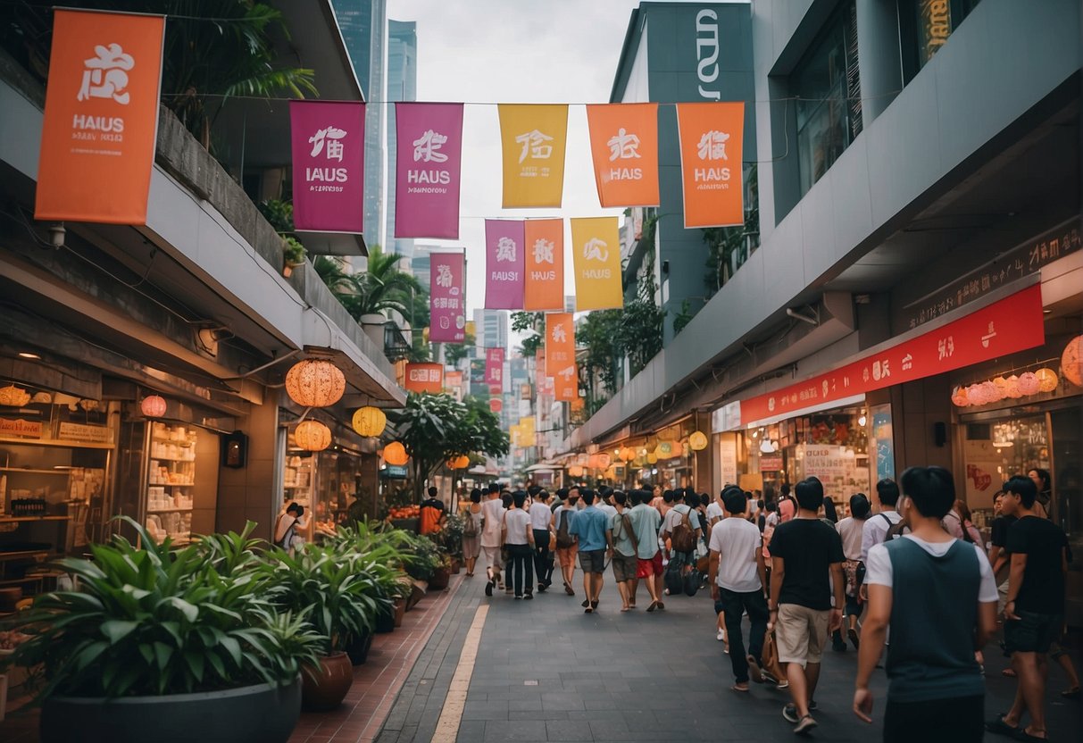 A bustling city street in Singapore with colorful banners and signs promoting "haus" events and promotions