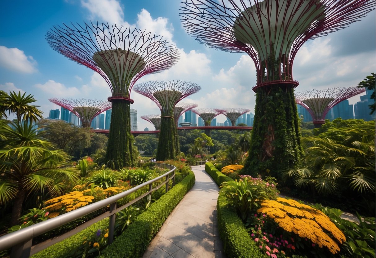 Lush greenery and vibrant flowers adorn the Gardens by the Bay, with the iconic Supertree Grove towering in the background. The colorful promotional banners flutter in the breeze, adding a festive touch to the picturesque scene