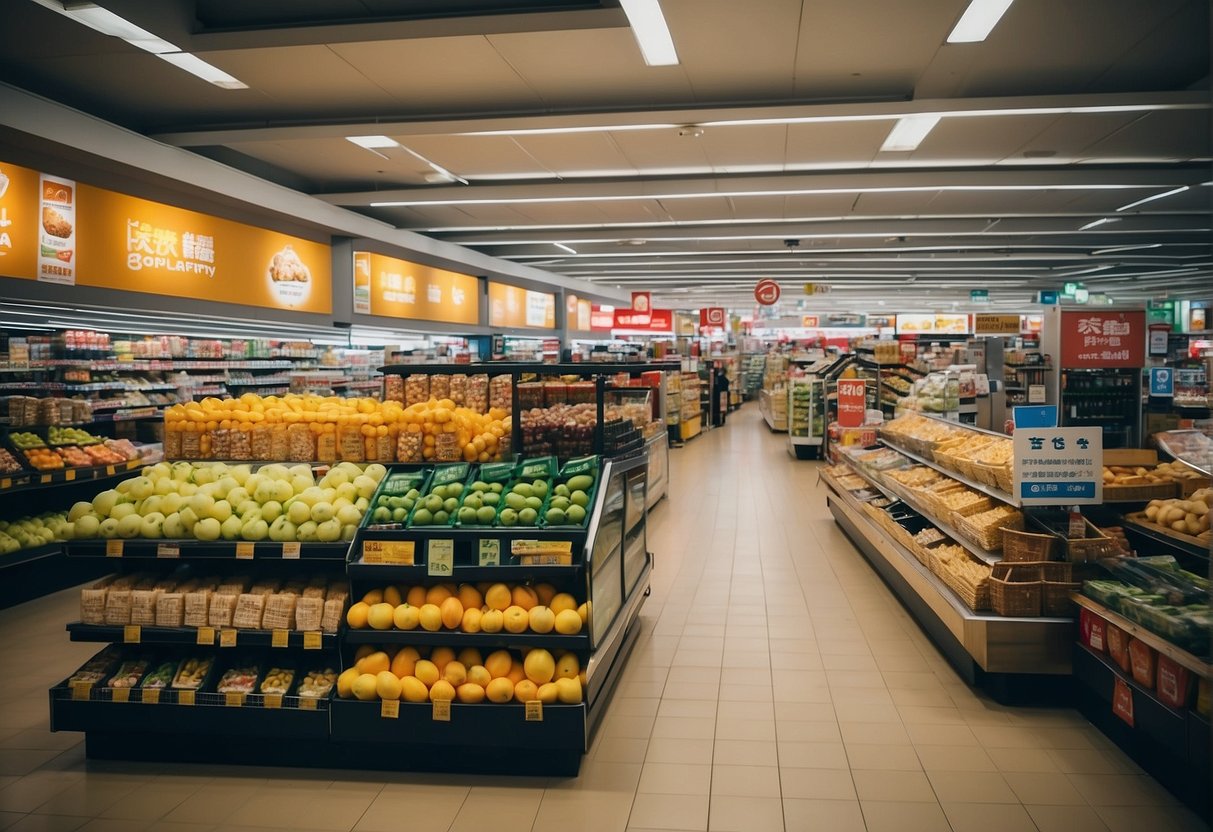 Giant hypermarket in Singapore with colorful promotional banners and crowded aisles
