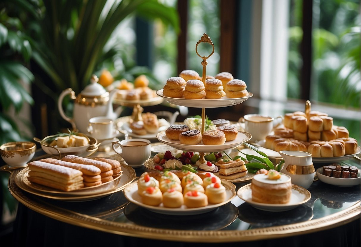 A lavish high tea buffet spread with delicate pastries, finger sandwiches, and elegant tea sets, set against a backdrop of opulent decor and lush greenery in a luxurious Singaporean setting