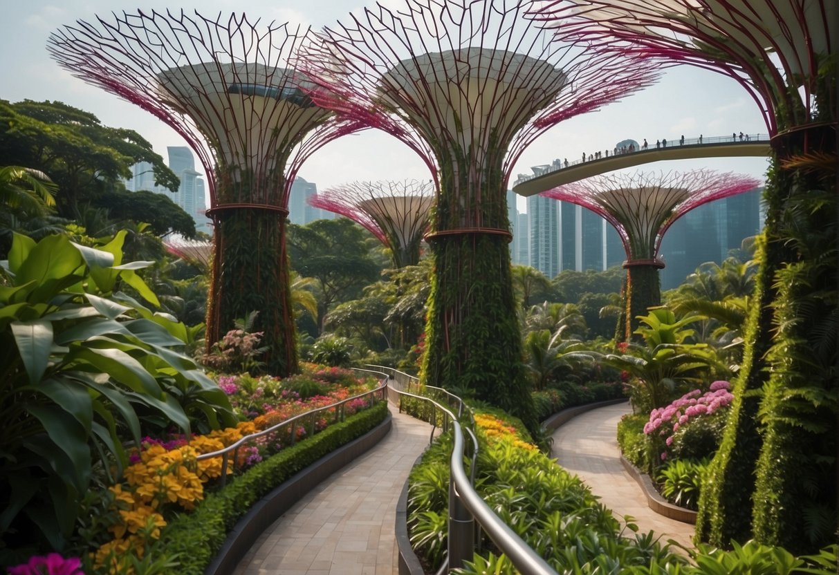 Lush greenery surrounds colorful signage promoting Gardens by the Bay in Singapore. The vibrant flowers and towering trees create a welcoming atmosphere for visitors