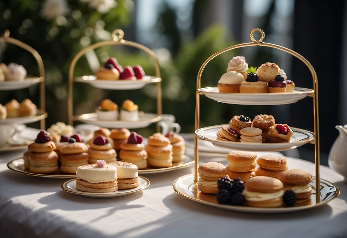 A lavish high tea spread with exquisite pastries, delicate sandwiches, and premium teas displayed on elegant tiered trays in a luxurious setting