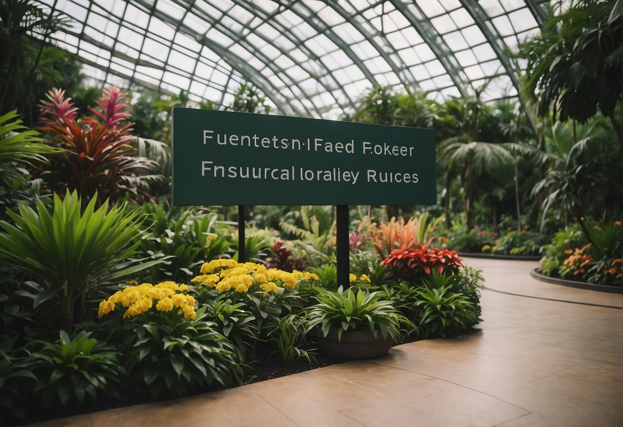 Lush greenery surrounds a sign for "Frequently Asked Questions" at Gardens by the Bay, with vibrant flowers and plants in the background