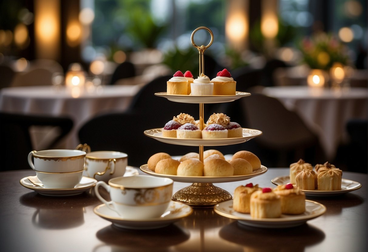 A spotlight shines on the elegant spread of Gourmet Tea Delights' high tea buffet promotions in Singapore. Delicate teacups, dainty pastries, and exquisite tea sets create a luxurious and inviting scene