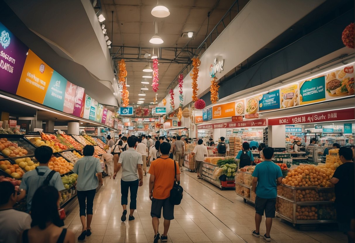 A bustling giant hypermarket adorned with colorful banners and festive decorations, showcasing exciting promotions in Singapore