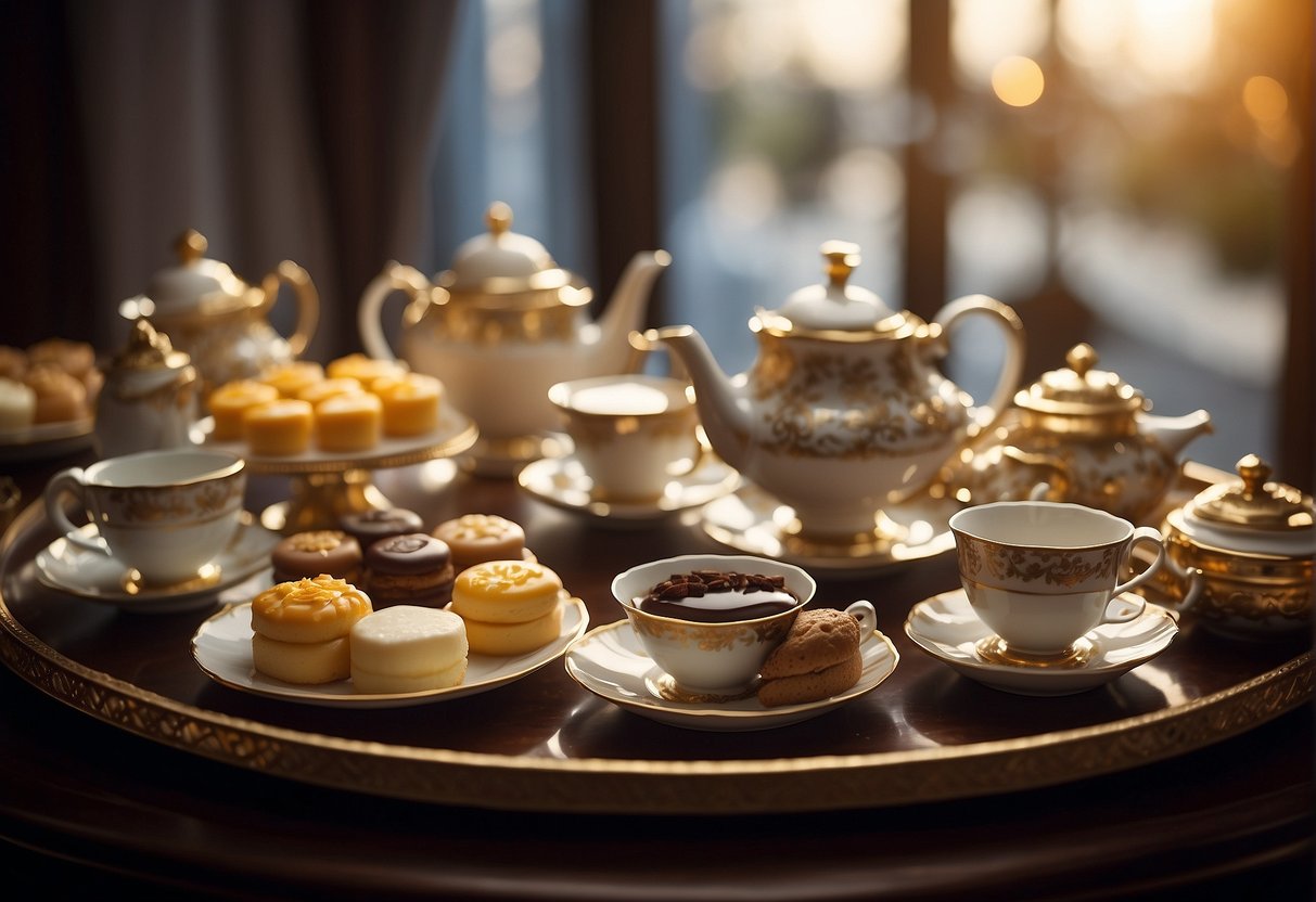 A table set with an assortment of delectable treats and steaming teapots, surrounded by elegant teacups and saucers, with a backdrop of a luxurious dining setting