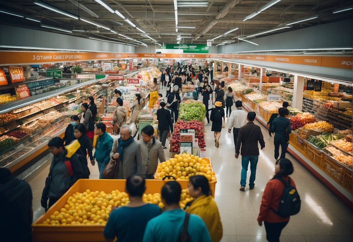 A bustling hypermarket with large promotional banners, busy shoppers, and colorful product displays