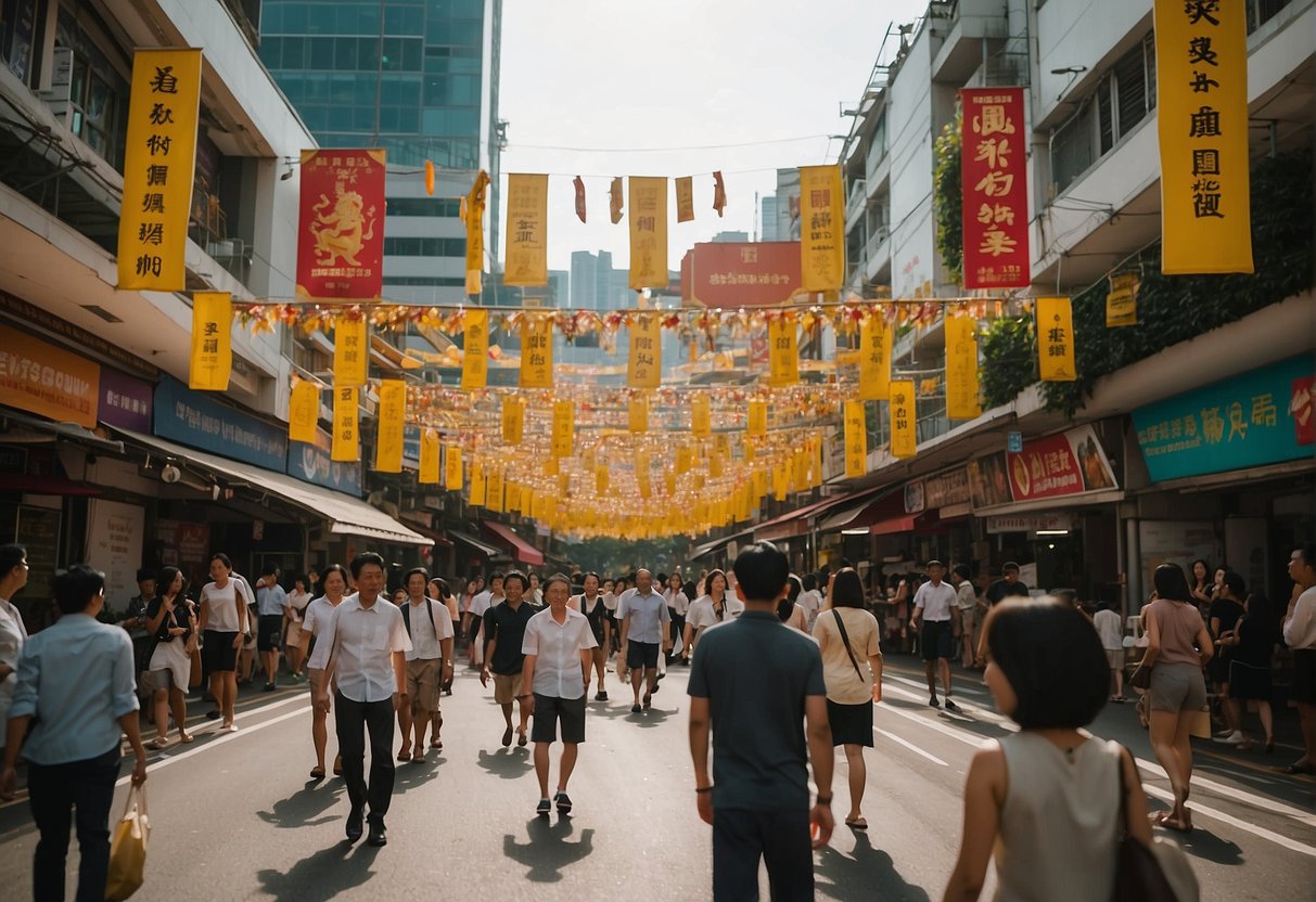A bustling street lined with colorful banners and signs promoting Golden Village in Singapore. Bright lights illuminate the area, drawing in passersby with enticing offers and movie screenings
