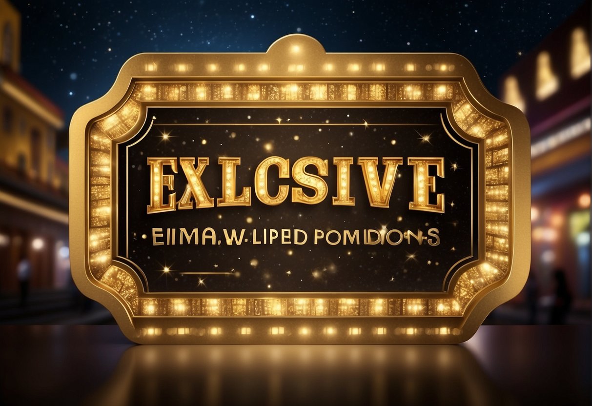 A golden ticket floats above a cinema marquee, surrounded by shining stars and spotlights. The words "Exclusive Cinema Promotions" and "Golden Village Promotions Singapore" glow in bold letters