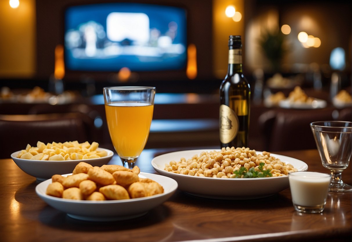 A table set with food and drinks in front of a movie screen with the Golden Village logo displayed