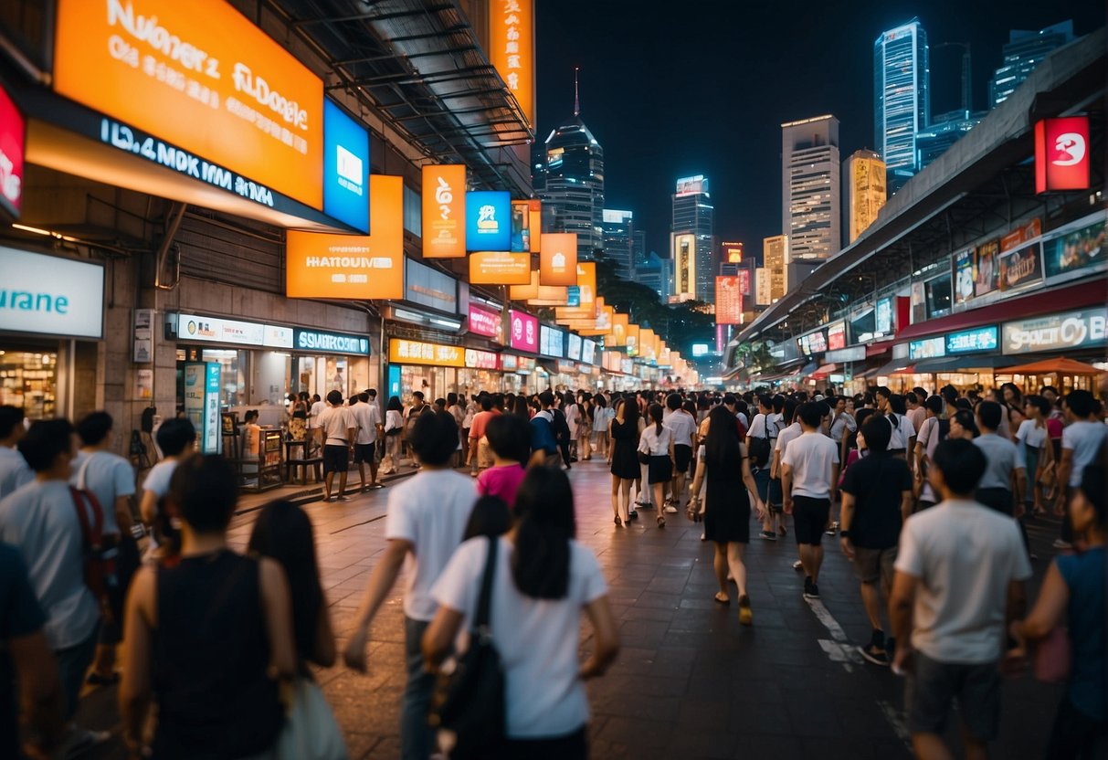 A bustling street filled with colorful banners and signs advertising promotions in Singapore. Bright lights and lively energy fill the air