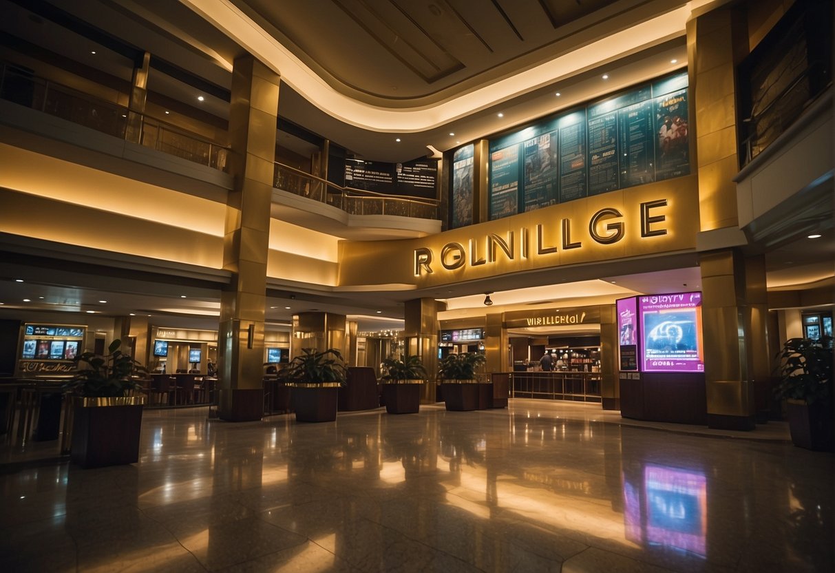 A bustling movie theater lobby with a prominent "Frequently Asked Questions" sign and promotional materials for Golden Village in Singapore