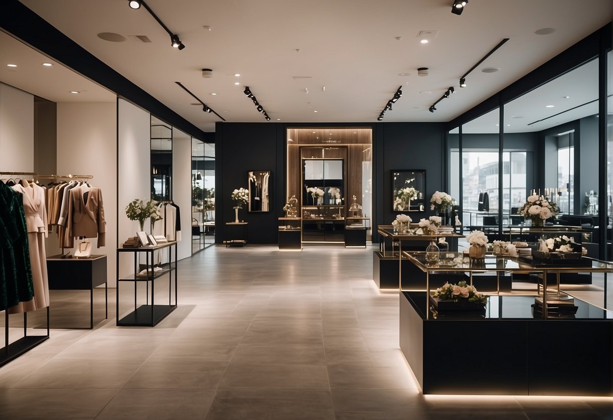 A luxurious fashion store with sleek, modern decor and bright, elegant displays showcasing the latest 2024 fashion promotions