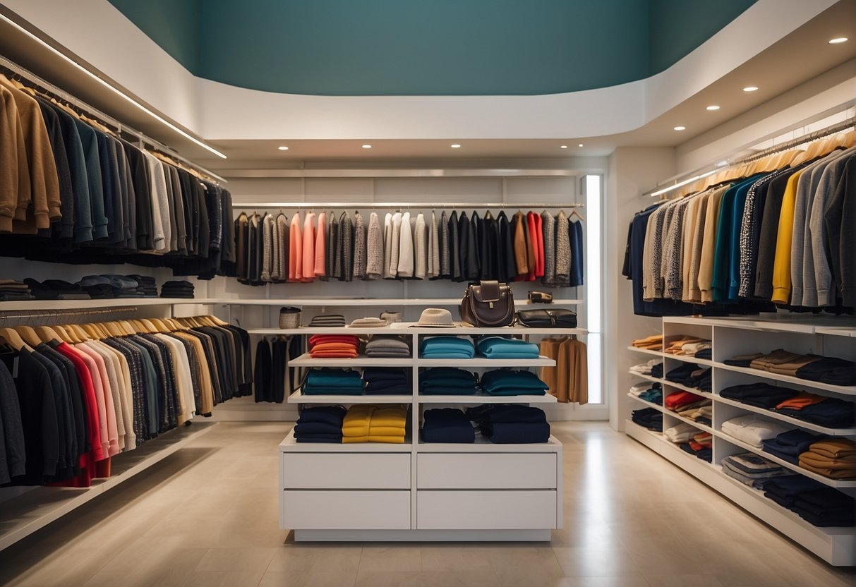 A colorful array of clothing and accessories, from classic staples to trendy must-haves, displayed on sleek racks and shelves in a well-lit showroom