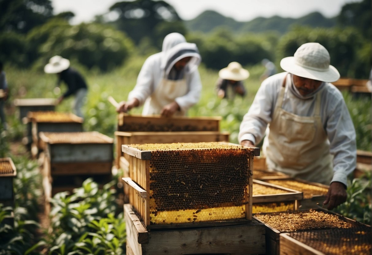 A bustling honey farm in Singapore, with colorful promotional signs and busy workers tending to beehives