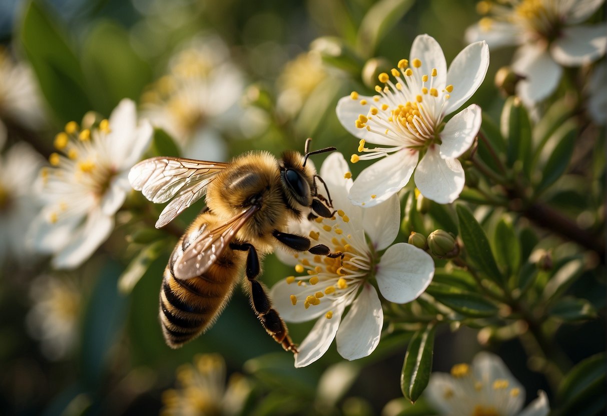 A lush honey farm in Singapore showcases the latest Manuka honey promotions with vibrant signage and busy bees pollinating the fragrant flowers