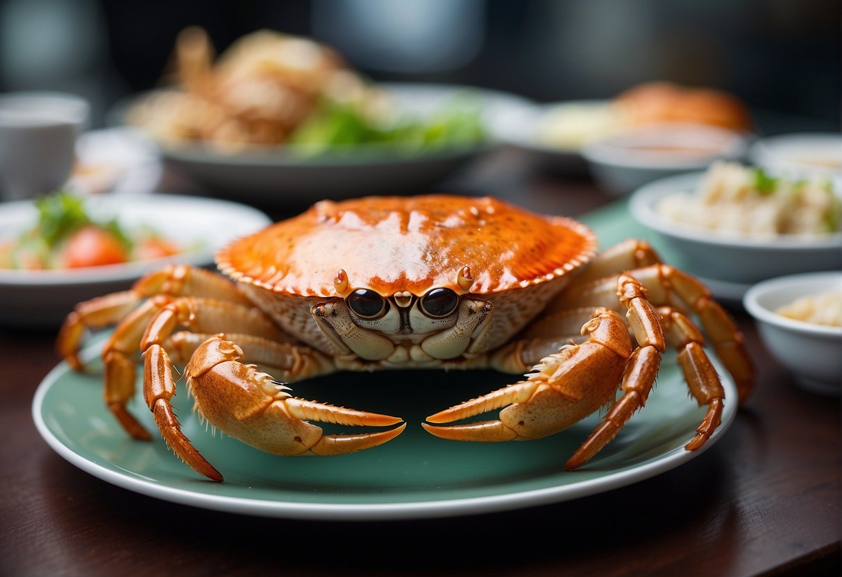 A hairy crab on a plate with promotional signage in Singapore