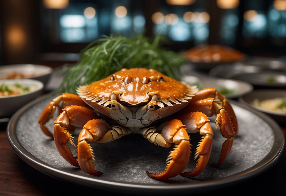 A luxurious display of fresh hairy crabs at a high-end restaurant in Singapore, with elegant signage and promotional materials