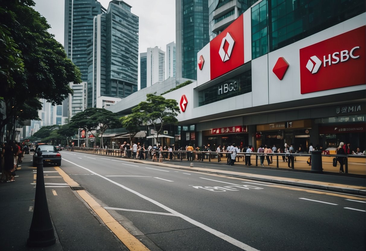 A bustling street in Singapore with prominent HSBC promotions displayed on billboards and storefronts