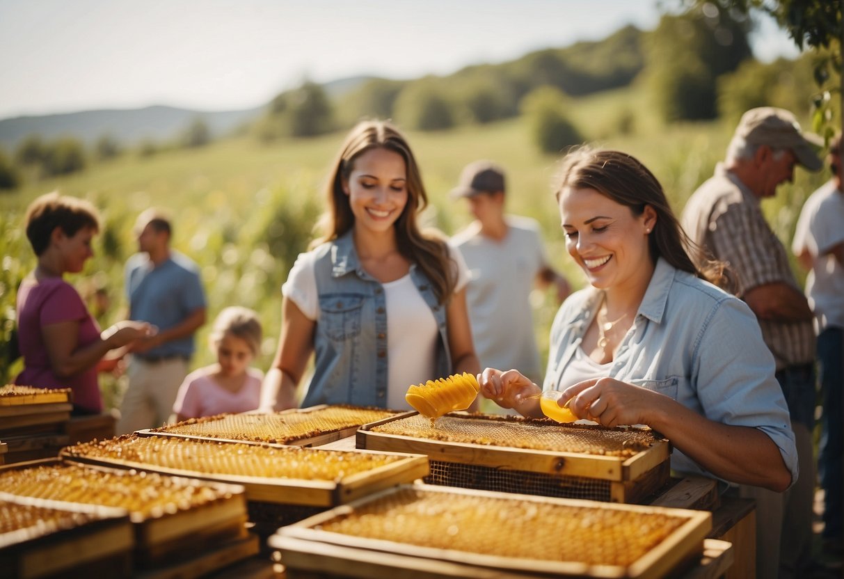 A bustling honey farm with colorful banners, lively music, and families enjoying honey tastings and interactive beekeeping demonstrations