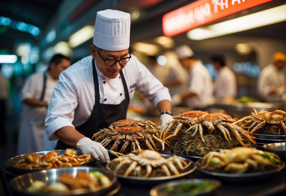 A chef prepares a platter of hairy crabs, surrounded by colorful promotional signs and banners at a lively culinary event in Singapore
