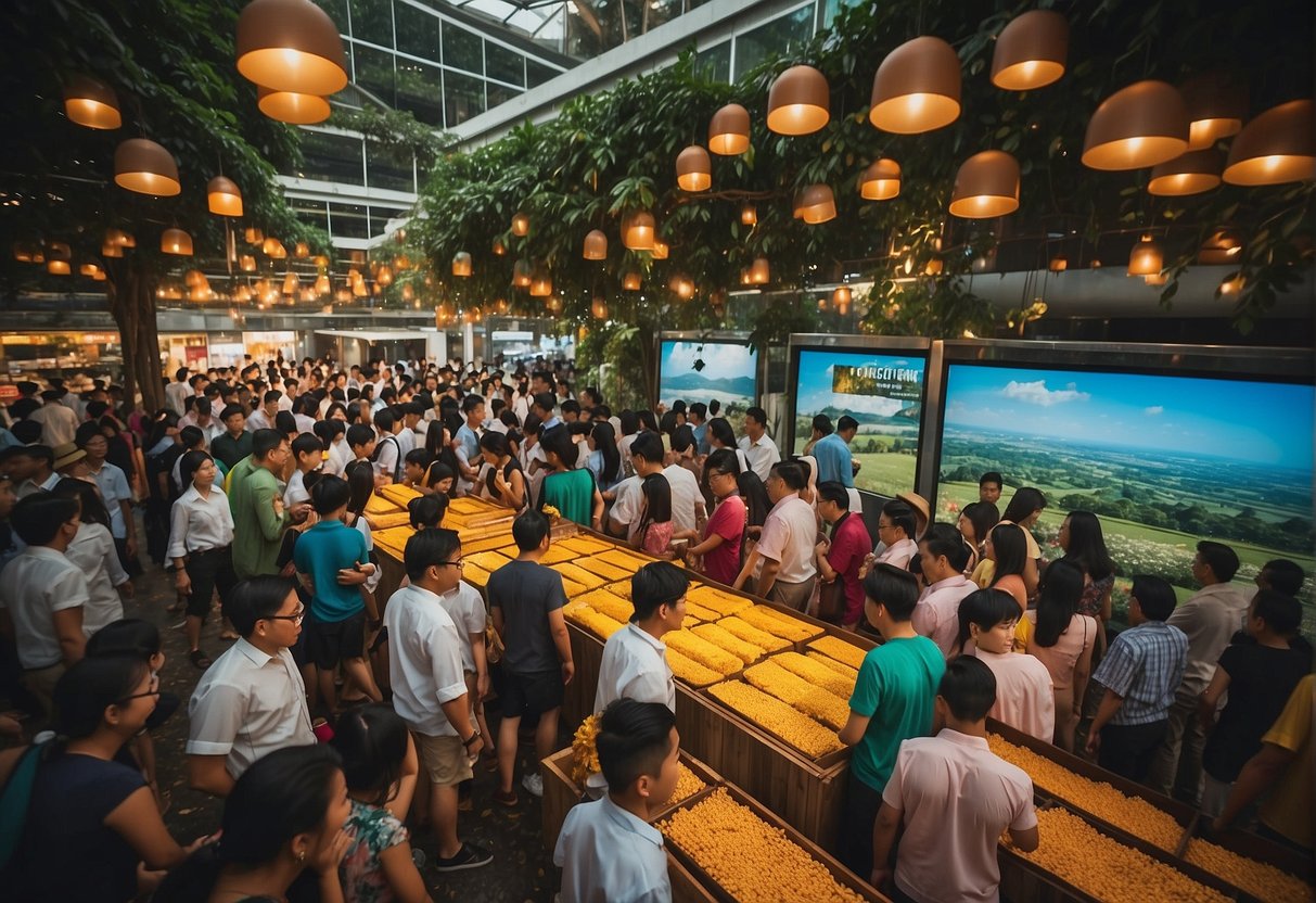 A bustling honey farm in Singapore with colorful promotional displays and a busy crowd seeking information