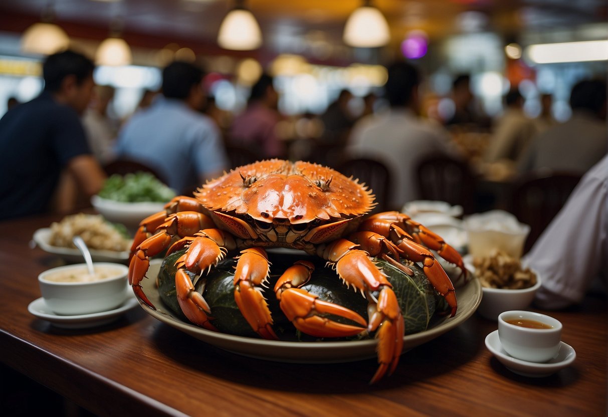 A table with a plate of steamed hairy crabs, promotional signs, and a bustling crowd in a Singaporean restaurant