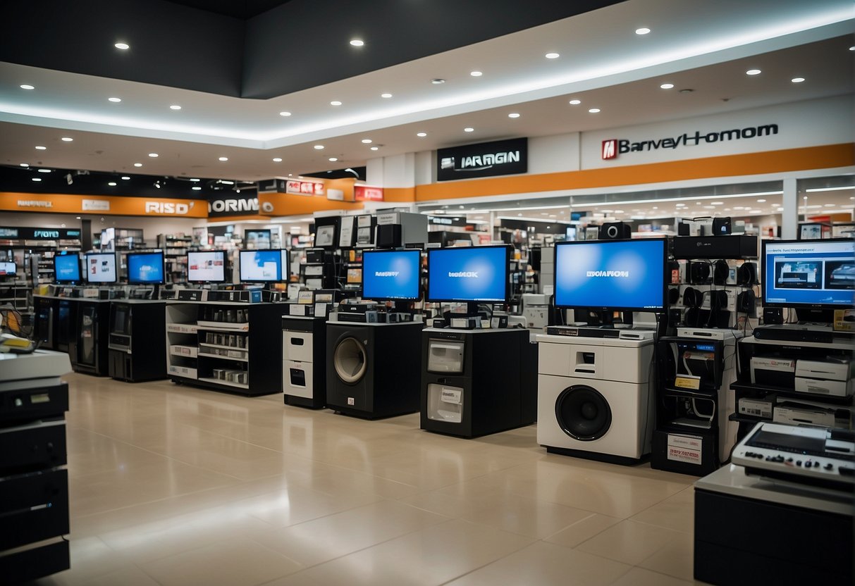 A bustling electronics store in Singapore with prominent Harvey Norman promotions displayed throughout the store